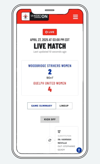 GIF of League 1 Ontario's Live Match View on Mobile