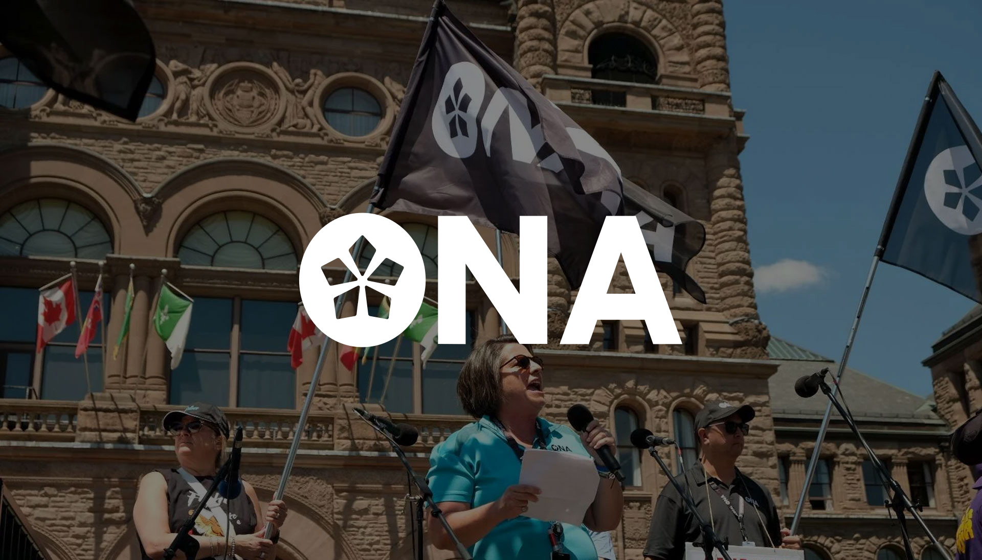 ONA's logo on top of an image with an ONA rally